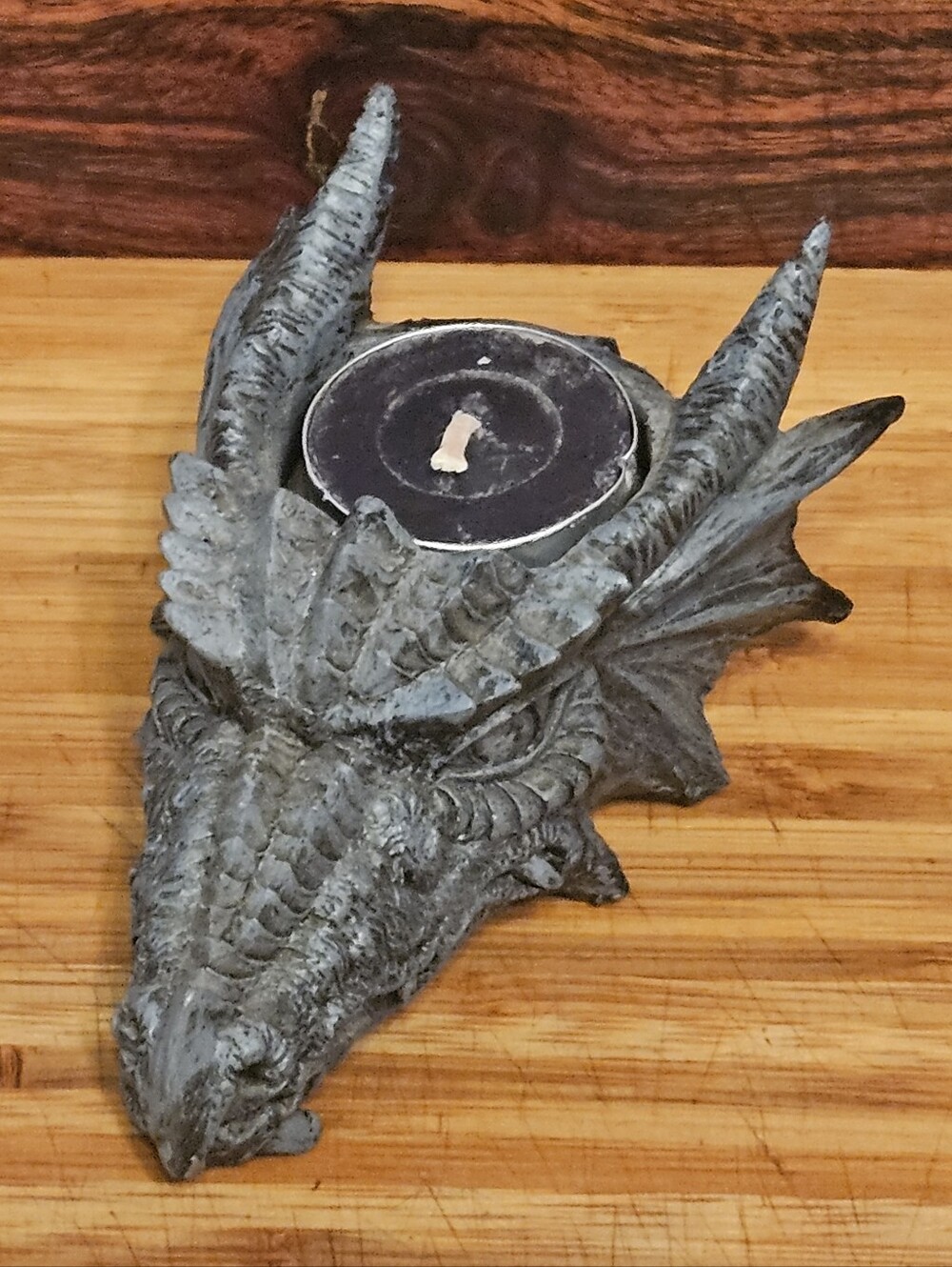 Gothic Dragon Head Tealight Candle Holder | 5” Grey Stone Finish Resin Figurine